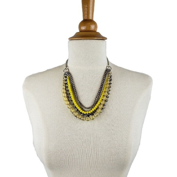 Loft Multi Strand Mixed Media Necklace Beads Rhinestones Chains Silver Yellow - Picture 2 of 11